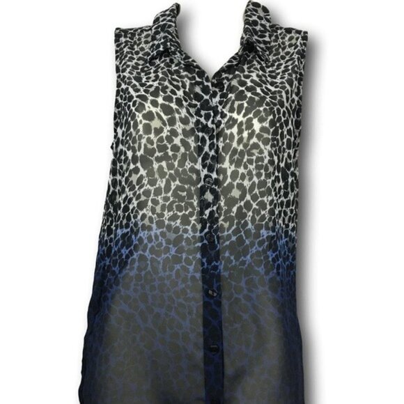 H&M Divided Cheetah PRINT Blue Ombré Sheer Button Down Shirt SIZE: 2 - Picture 1 of 4